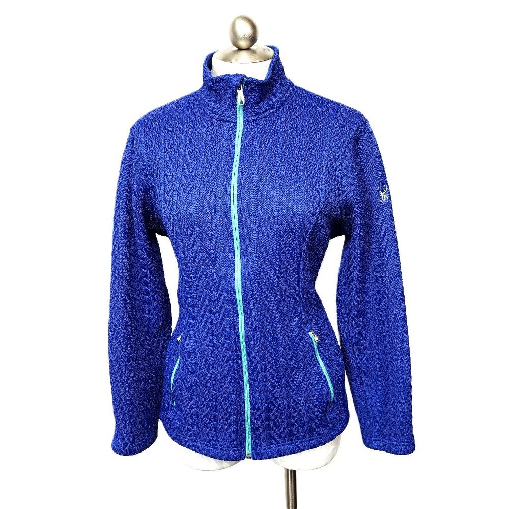 Spyder Cable Knit Full Zip Ski Royal Blue Sweater Jacket w/ Logo XL